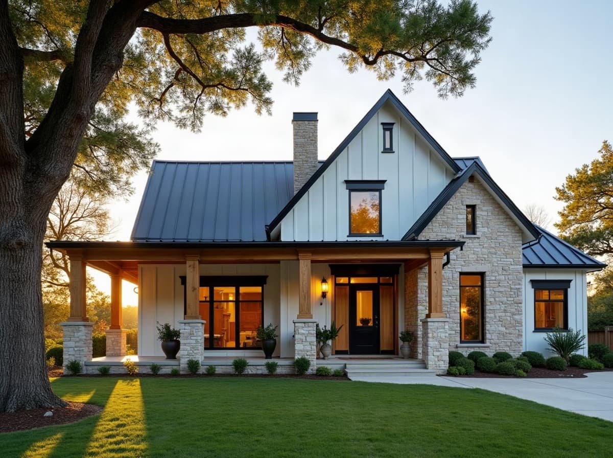 A white Texas modern farmhouse with black windows and a metal roof