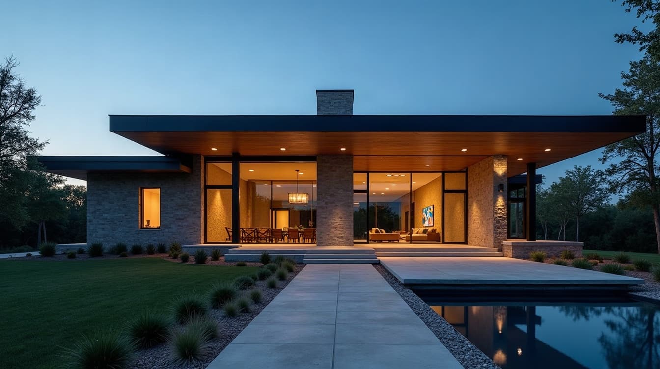 A contemporary modern Texas custom home in glass and concrete at dusk