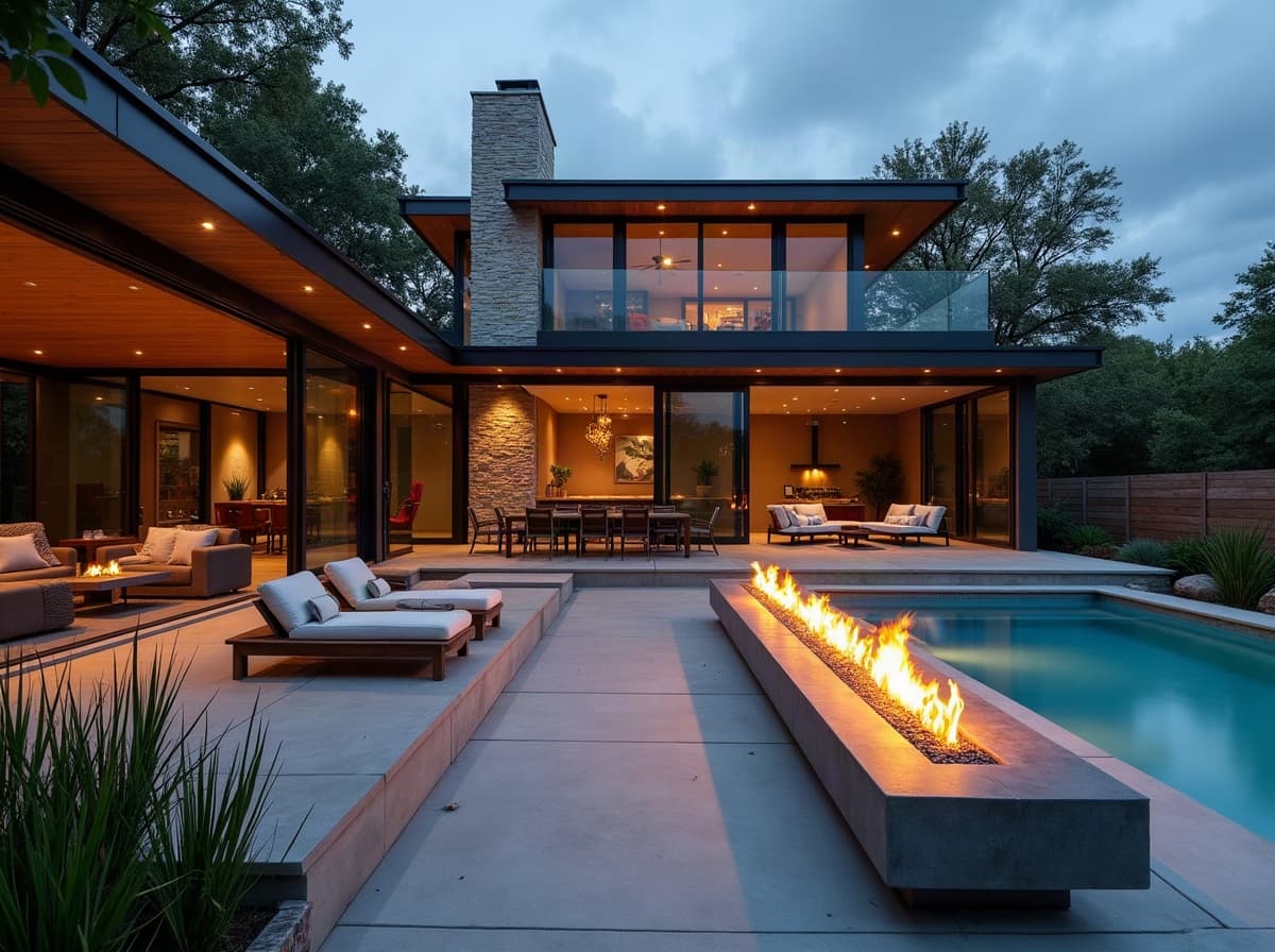 A modern backyard entertaining space with a linear fire feature at night