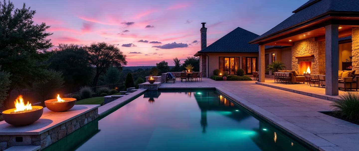 A dramatic custom pool and outdoor living environment at twilight