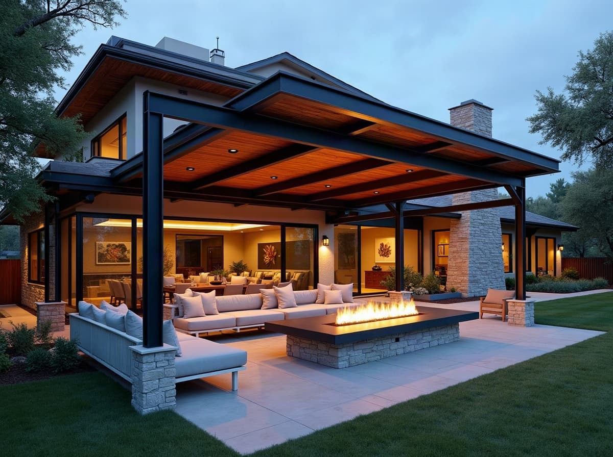 A modern pergola with lounge seating and fire feature