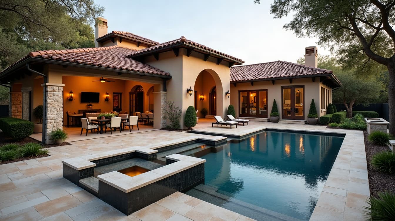 A Mediterranean-style backyard with a custom pool and water features