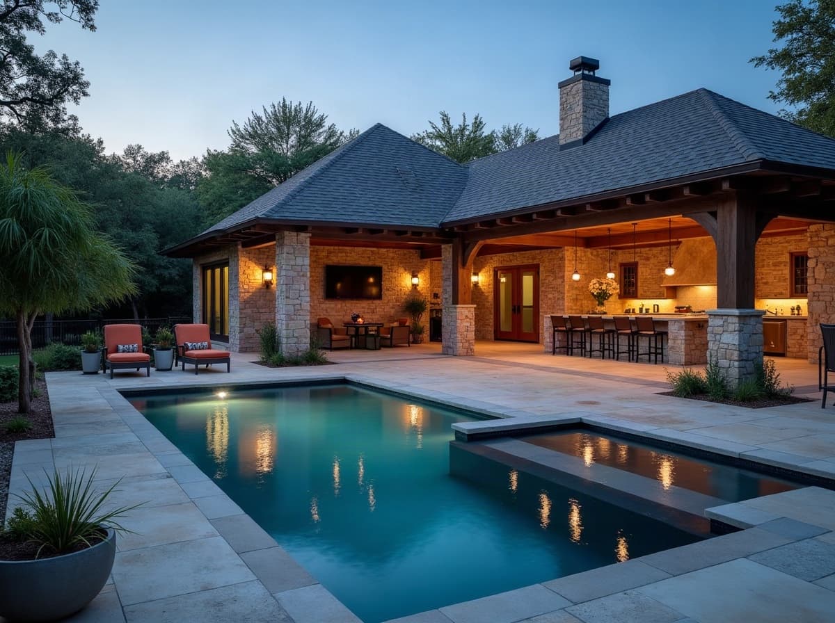 A Hill Country backyard with a pool and covered outdoor kitchen at dusk