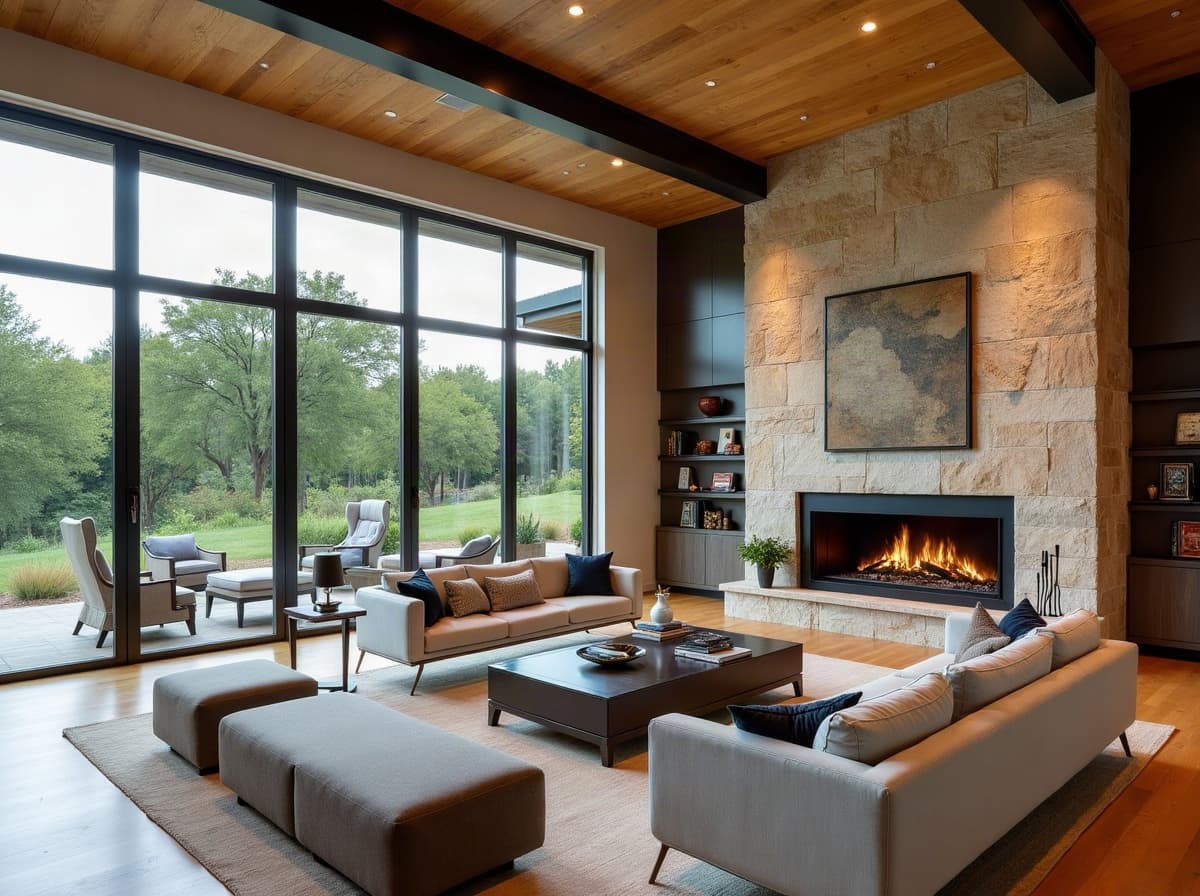 Luxury interior great room with warm natural materials